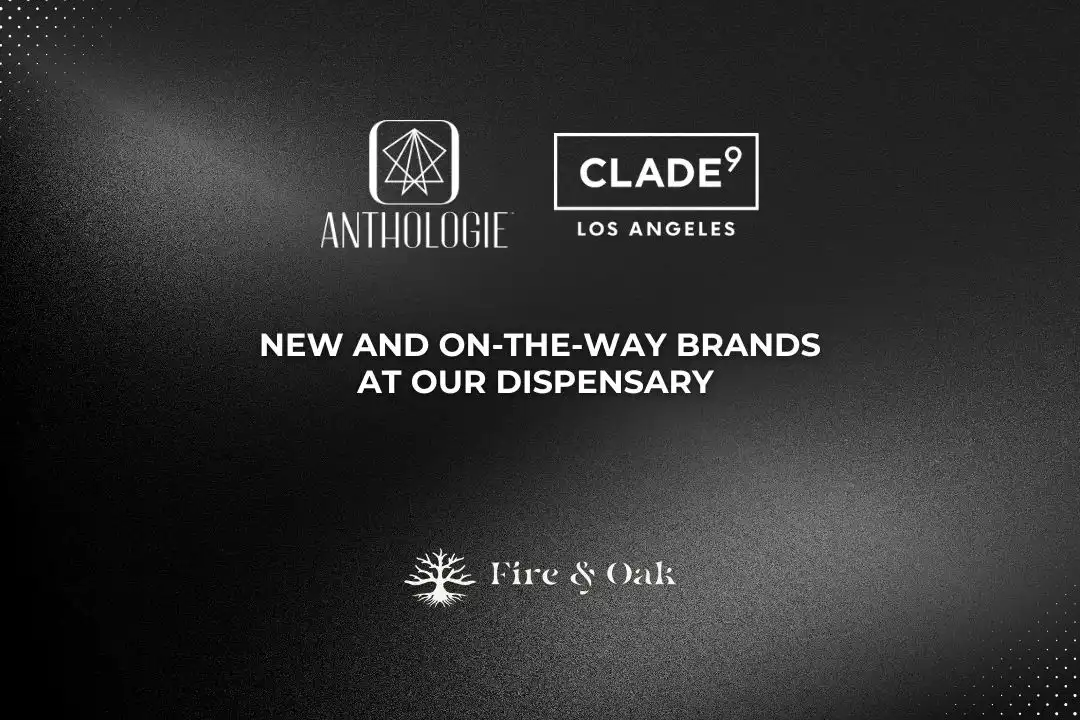 Promotional graphic showcasing new and upcoming brands at a cannabis dispensary, featuring logos for Anthologie, Clade9 Los Angeles, and Fire & Oak.